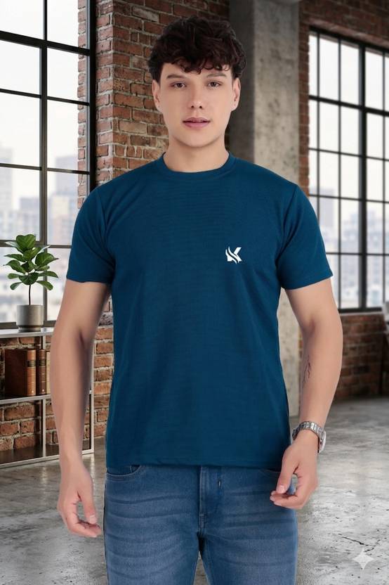 Kibitzer Men Solid Round Neck Polycotton Blue T-Shirt