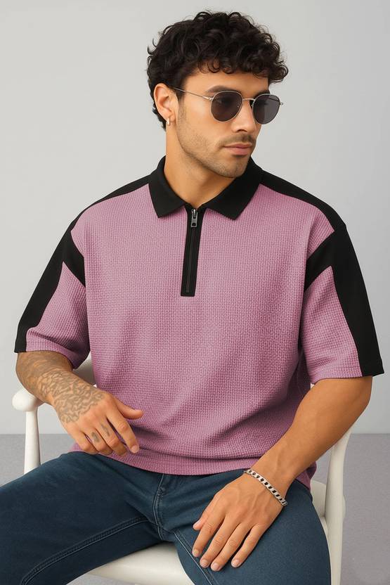 HOODLER Men Colorblock Zip Neck Pure Cotton Pink, Black T-Shirt