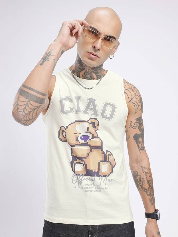 glitchez Men Printed Round Neck Pure Cotton White T-Shirt