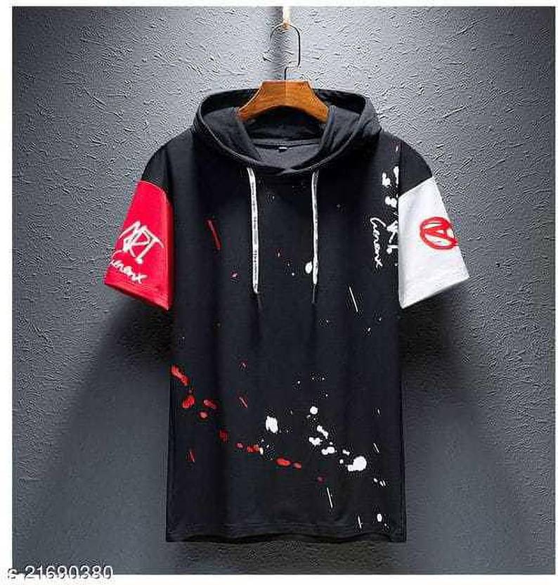 AVEJO Men Printed Hooded Neck Cotton Blend Black T-Shirt