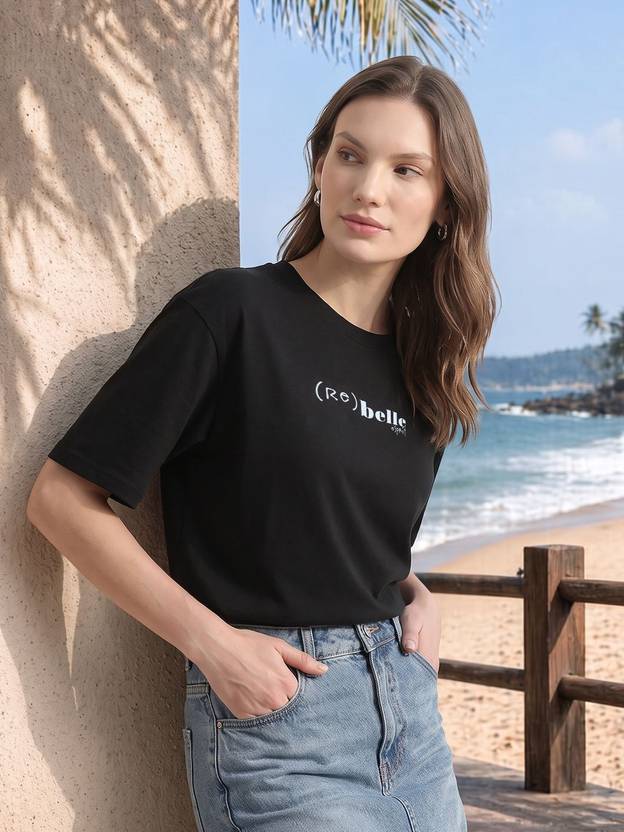 Mast & Harbour Women Printed Round Neck Pure Cotton Black T-Shirt
