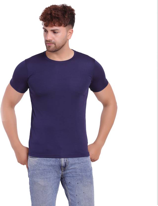 KASPY Men Solid Round Neck Polyester Navy Blue T-Shirt
