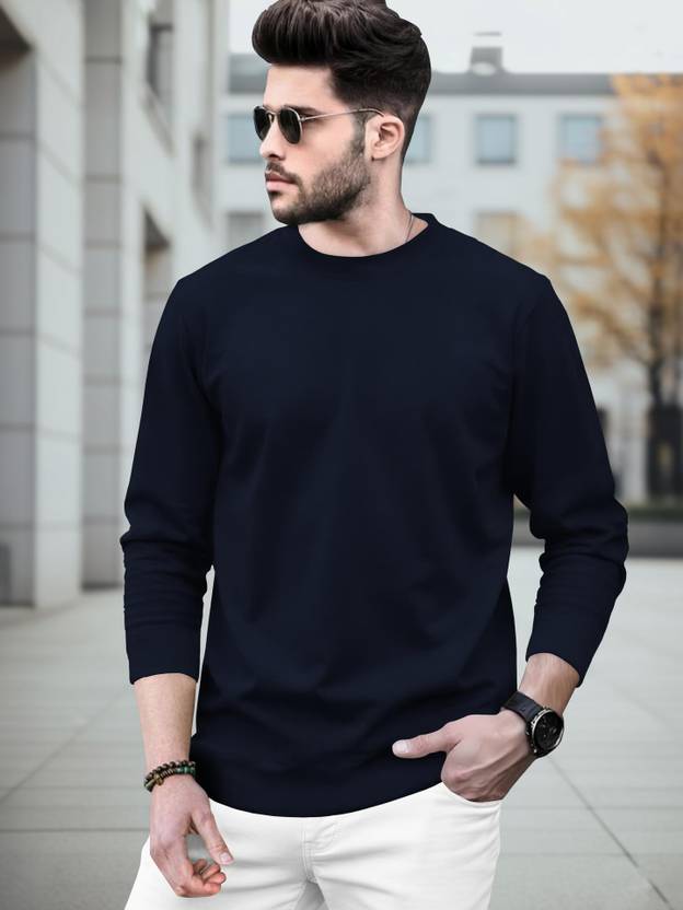 BLIVE Men Solid Round Neck Cotton Blend Navy Blue T-Shirt