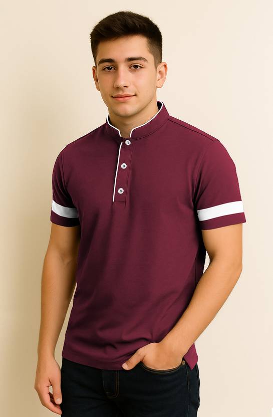 KEESOR Men Solid Mandarin Collar Cotton Blend Maroon T-Shirt