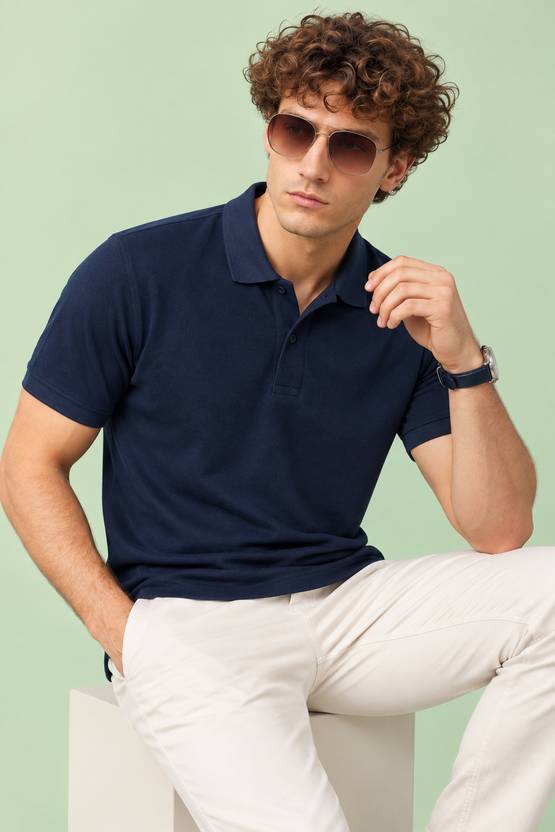 DAVNO Men Solid Polo Neck Pure Cotton Dark Blue T-Shirt