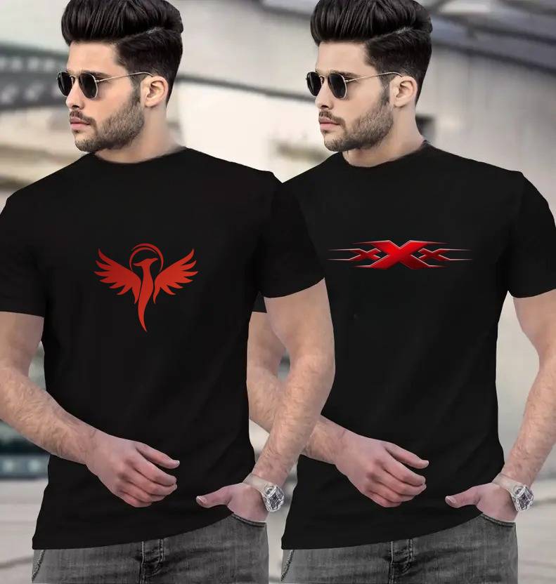 FLYEZEE Pack of 2 Men Printed Round Neck Polycotton Black T-Shirt