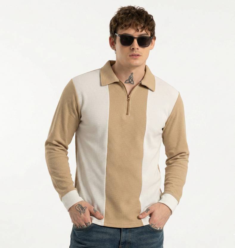 Bairagi Men Colorblock Polo Neck Cotton Blend Beige, White T-Shirt