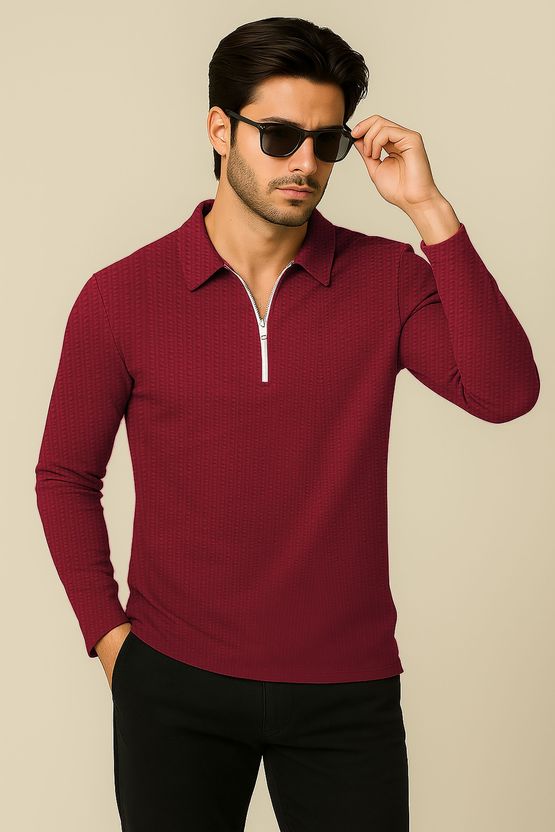 HELMONT Men Grey Maroon Zip Neck T-Shirt - Image 5