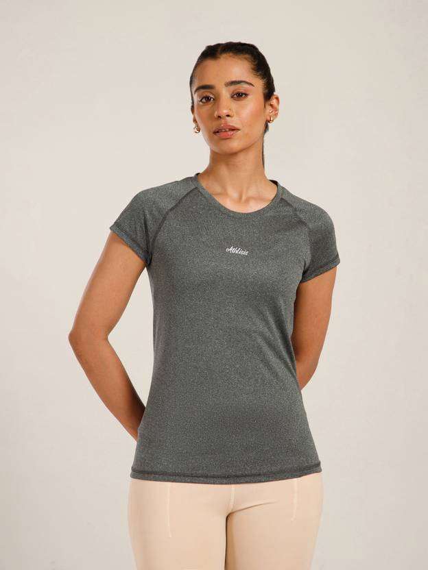 ATHLISIS Women Solid Round Neck Polyester Grey T-Shirt