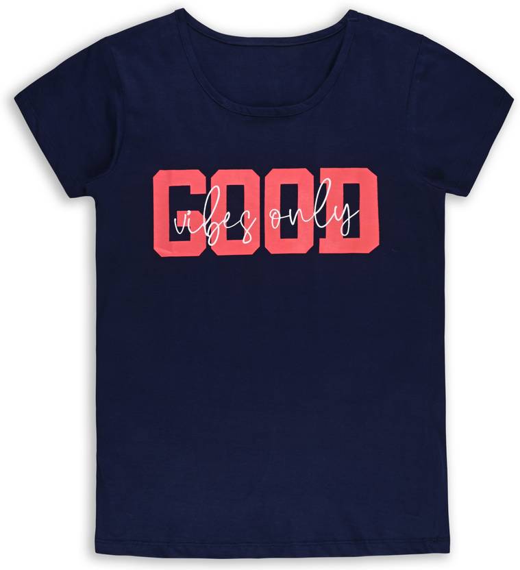 Wishkaro Women Printed Round Neck Cotton Blend Dark Blue T-Shirt