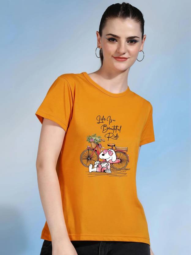CHOZI Women Printed Round Neck Cotton Blend Yellow T-Shirt