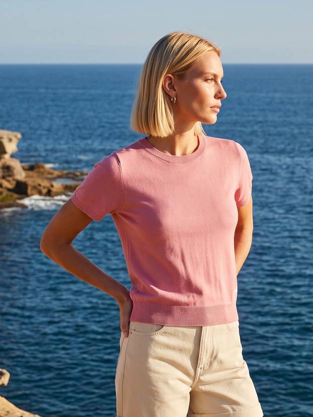 NAUTICA Women Solid Round Neck Pure Cotton Pink T-Shirt
