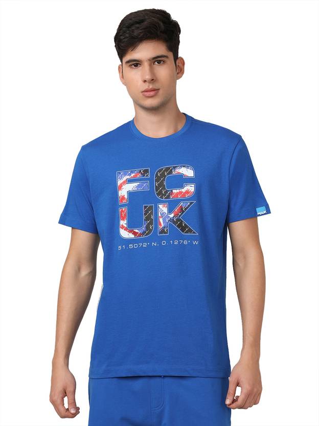 FCUK Men Typography Crew Neck Pure Cotton Blue T-Shirt