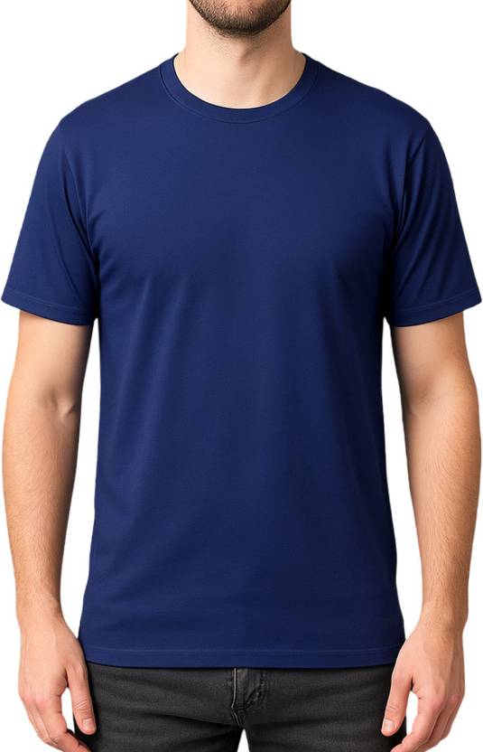 tierstore Men Solid Round Neck Pure Cotton Blue T-Shirt