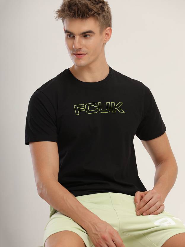 FCUK Men Typography Cowl Neck Cotton Blend Black T-Shirt