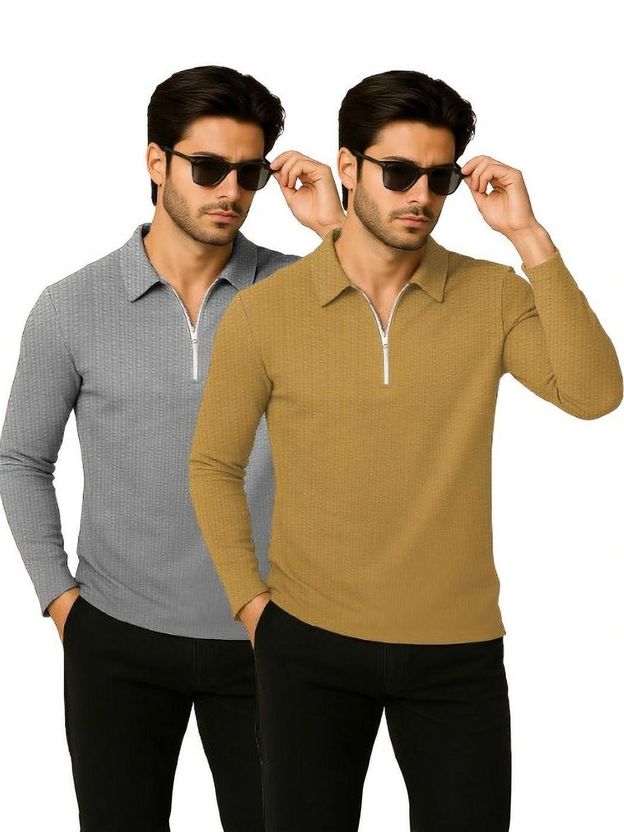 HELMONT Men Grey Maroon Zip Neck T-Shirt - Image 7