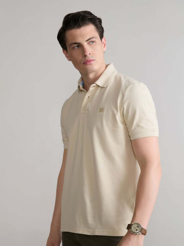 Blue Buddha Men Beige Cotton Polo T-Shirt - Image 2