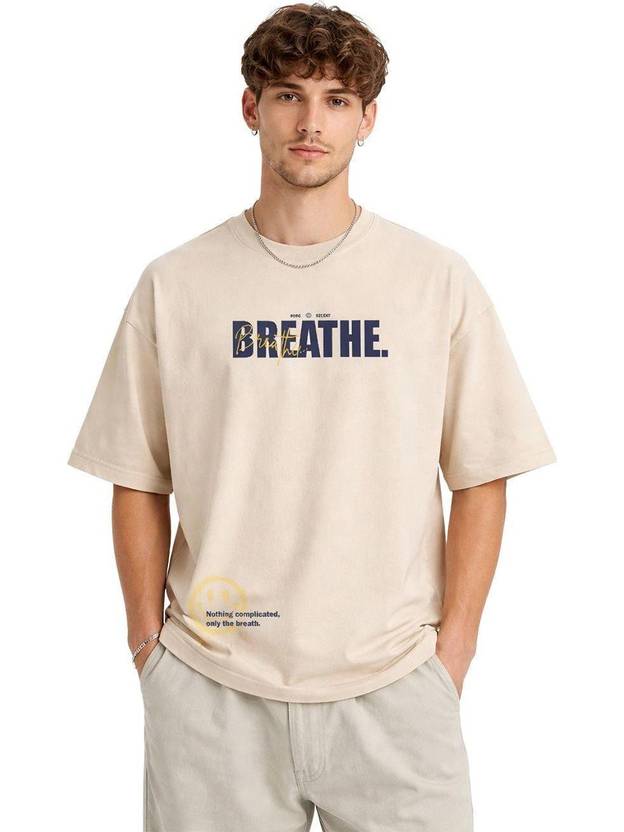 Selekt Men Printed Round Neck Cotton Blend Beige T-Shirt