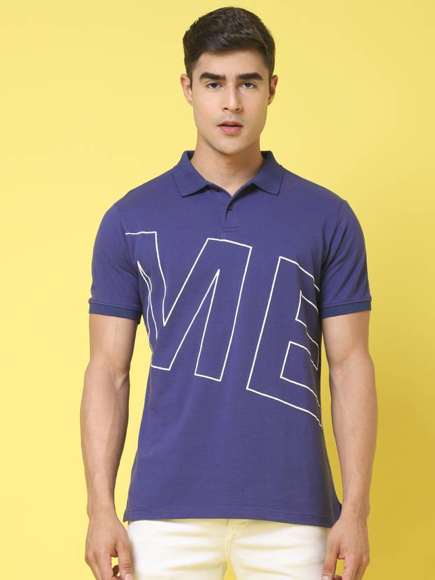 DOOR74 Men Typography Polo Neck Pure Cotton Blue T-Shirt
