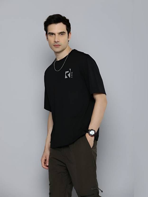 R.Code by The Roadster Life Co. Men Graphic Print Round Neck Cotton Blend Black T-Shirt