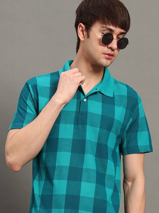 GETGOLF Checkered Men Polo Neck Blue T-Shirt
