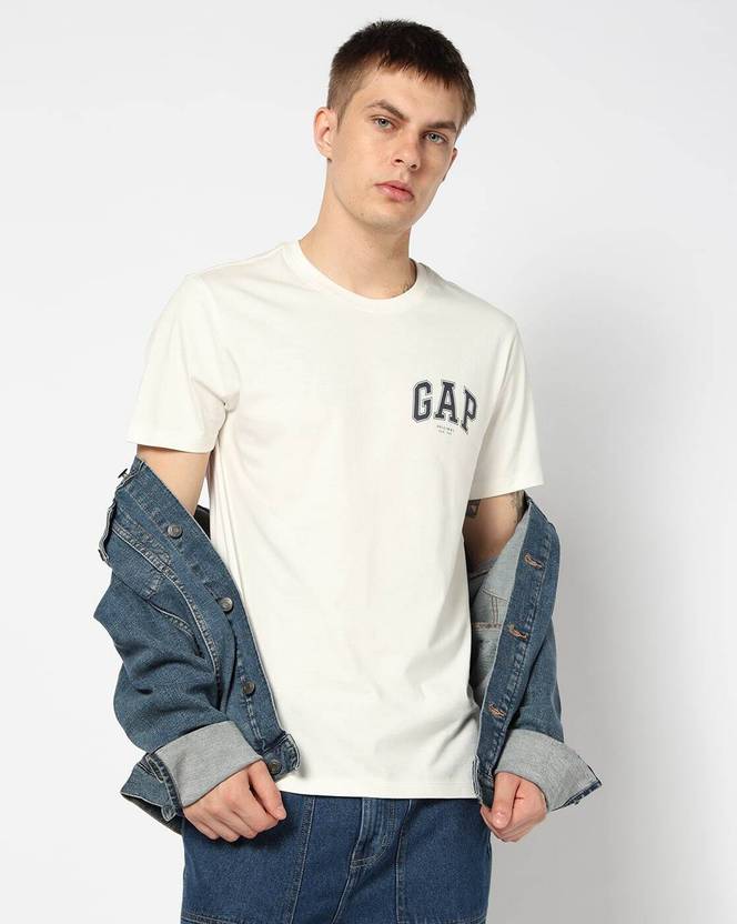 GAP Men Printed Crew Neck Pure Cotton Beige T-Shirt