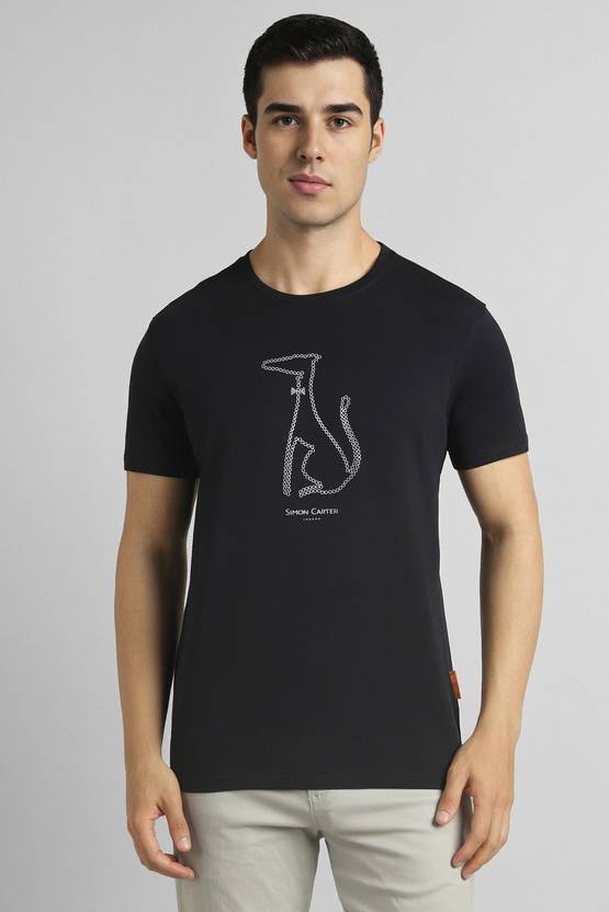 Simon Carter London Men Graphic Print Crew Neck Cotton Blend Black T-Shirt
