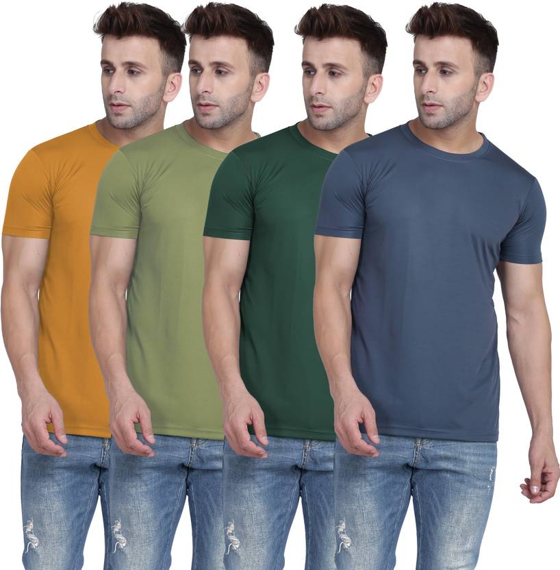 TQH Pack of 4 Men Solid Round Neck Polyester Yellow, Light Green, Green, Grey T-Shirt