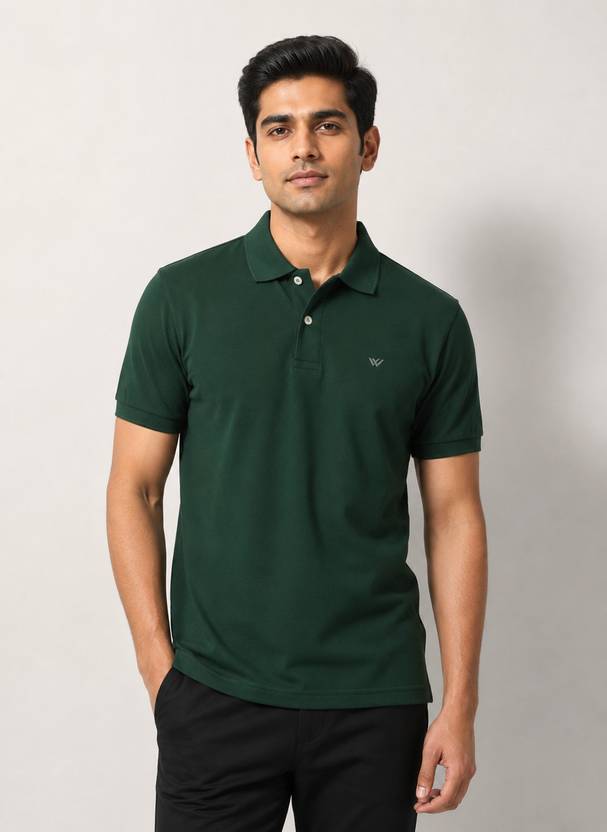 ONLYBASIC Men Solid Polo Neck Cotton Blend Dark Green T-Shirt
