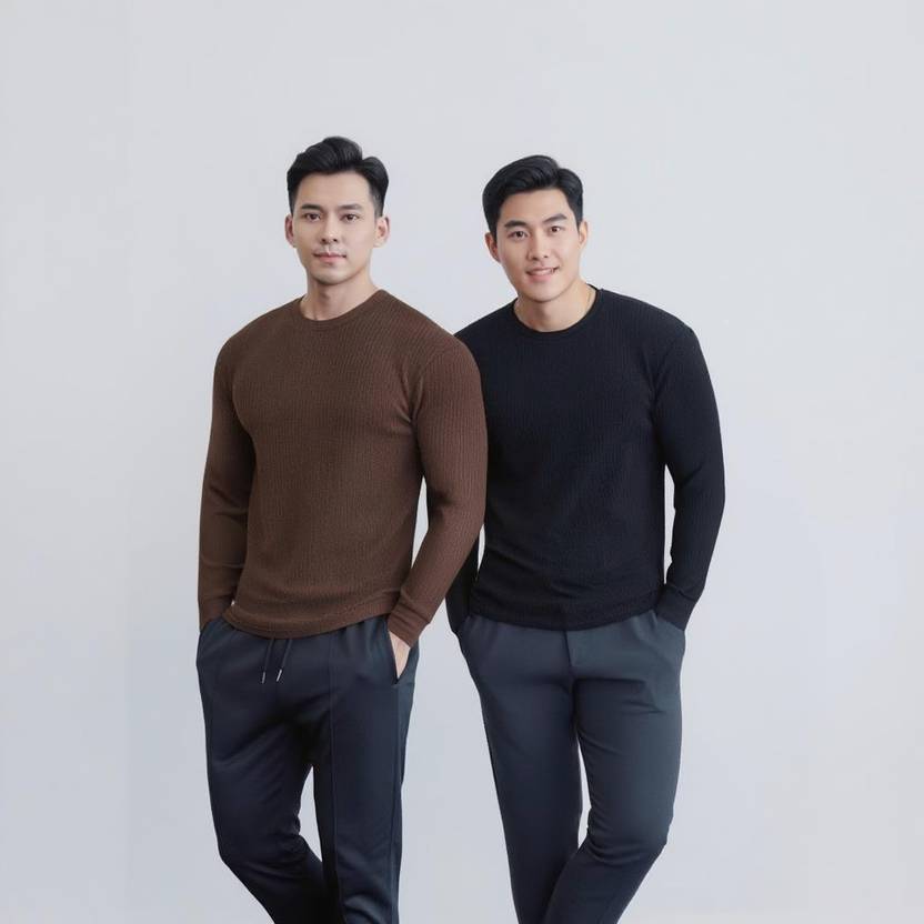 NUNO Solid Men Round Neck Brown, Black T-Shirt