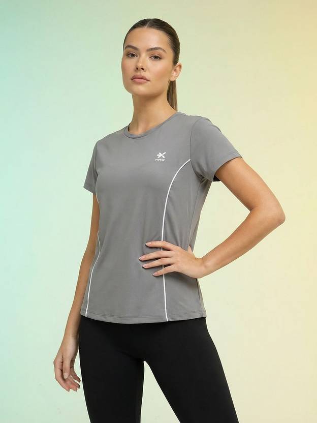 HRX by Hrithik Roshan Women Solid Round Neck Polyester Grey T-Shirt