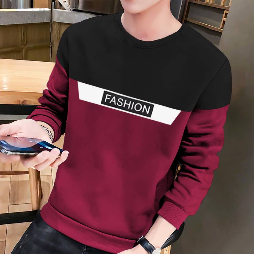 [Size XS] BLIVE Men Colorblock Round Neck Cotton Blend Black, Maroon T-Shirt