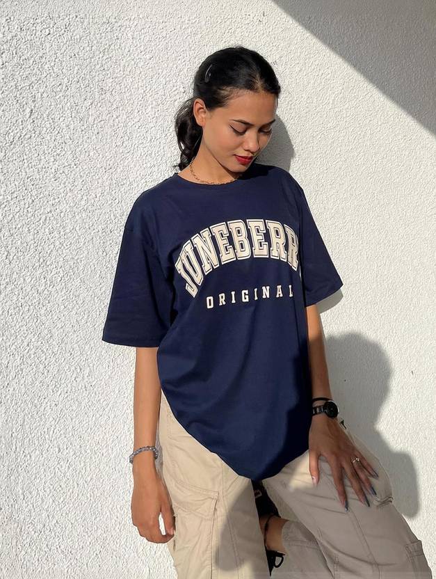 JUNEBERRY Printed, Graphic Print Women Round Neck Navy Blue T-Shirt