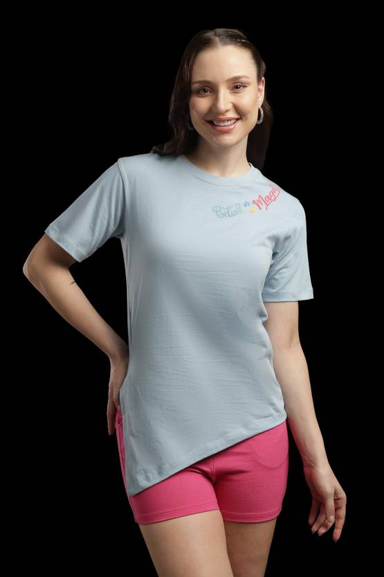 Outlaws Women Typography, Graphic Print Round Neck Pure Cotton Light Blue T-Shirt
