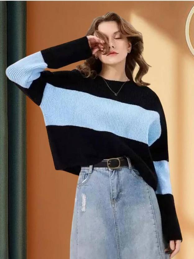 Amreliya Enterprise Women Colorblock Round Neck Cotton Blend Blue T-Shirt