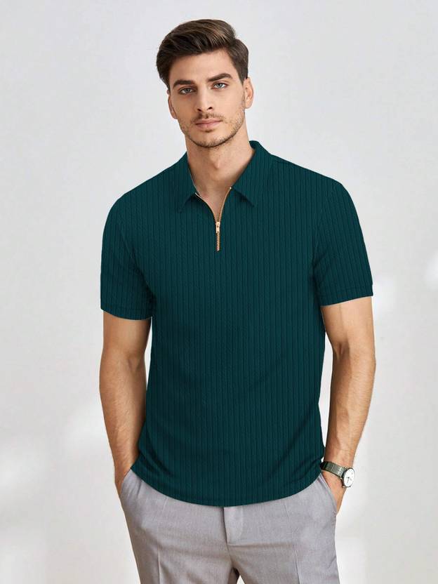 KAJARU Men Self Design Polo Neck Polyester Dark Green T-Shirt
