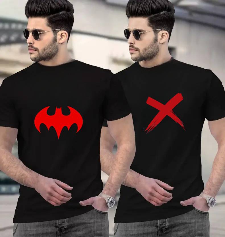 FLYEZEE Pack of 2 Men Printed Round Neck Polycotton Black T-Shirt