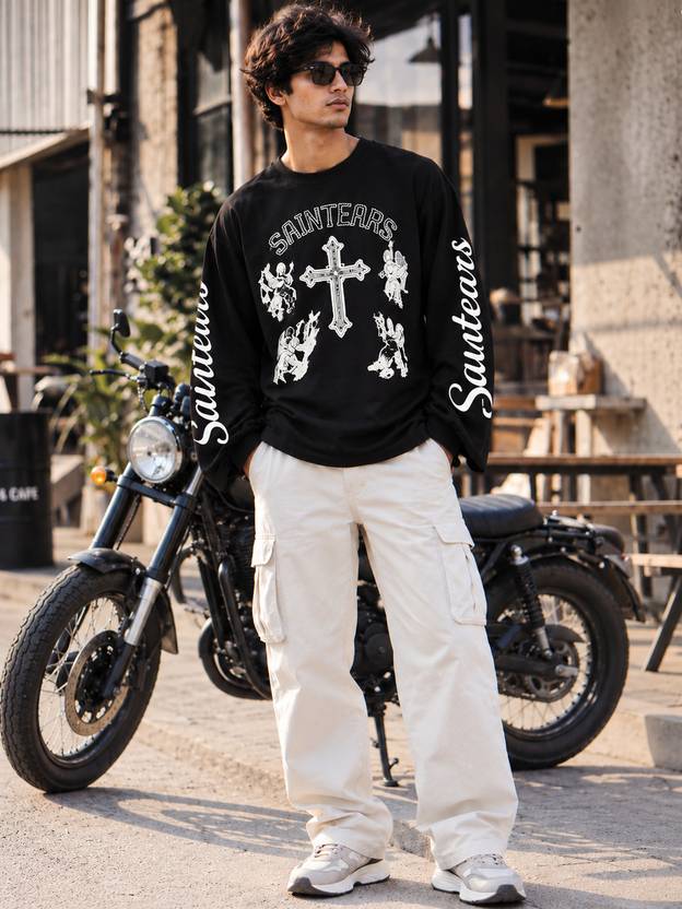 FASHLOOK Men Solid Round Neck Cotton Blend Black T-Shirt