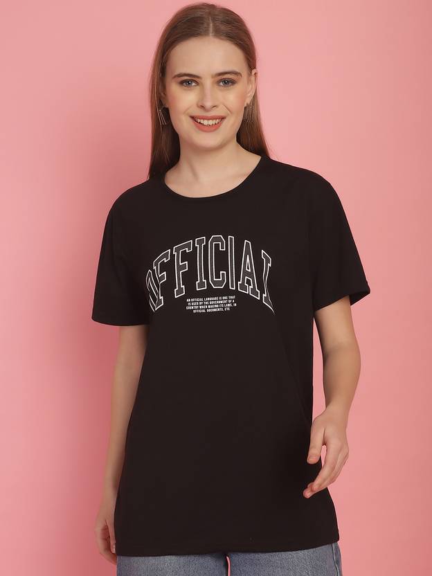 MACK JONNEY Women Typography Round Neck Cotton Blend Black, Multicolor T-Shirt