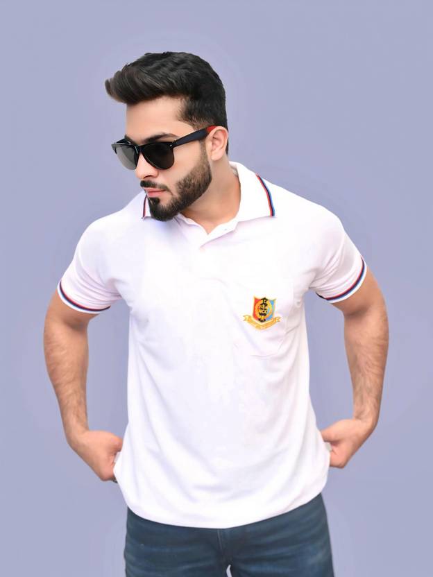 AZYXREN Men Self Design Polo Neck Cotton Blend White T-Shirt
