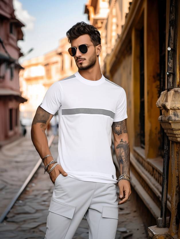 BUKKL Men Self Design Round Neck Cotton Blend White T-Shirt