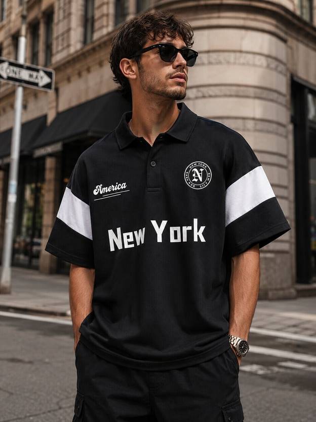 ColorChakra Printed Men Polo Neck Black T-Shirt