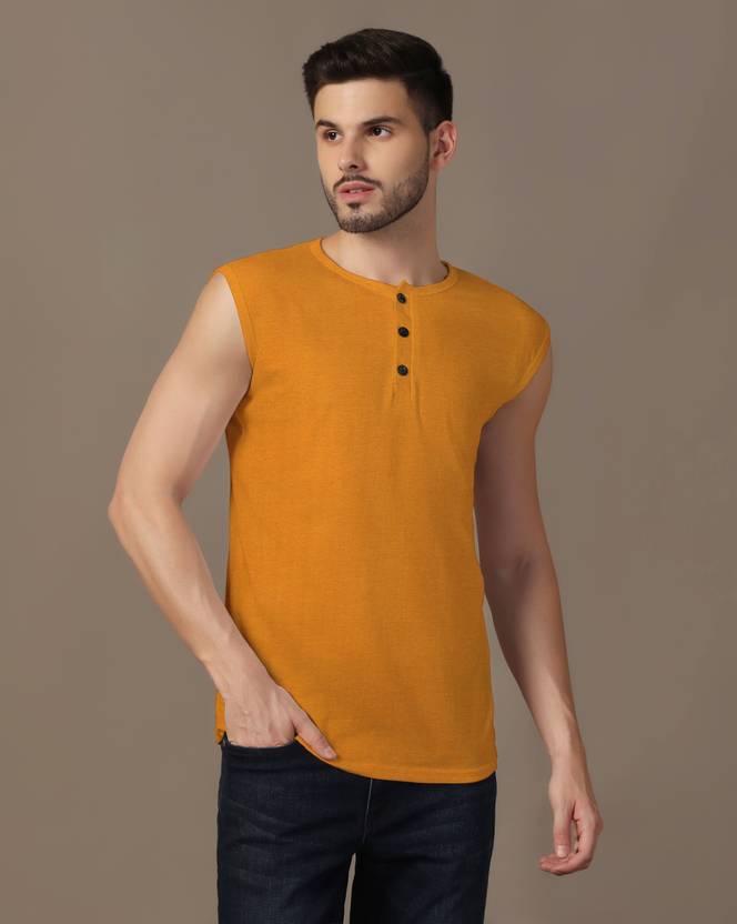 Money Leaf Solid Men Henley Neck Gold T-Shirt