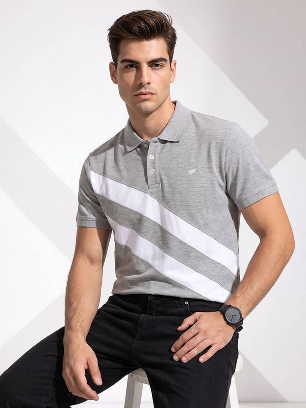 INVICTUS Men Striped Polo Neck Pure Cotton Grey T-Shirt