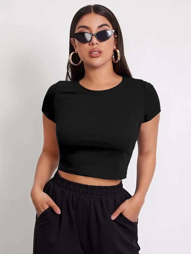 Alekya Solid Women Round Neck Black T-Shirt