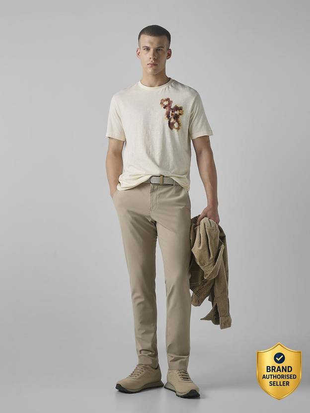 MUFTI Men Graphic Print Round Neck Pure Cotton Beige T-Shirt