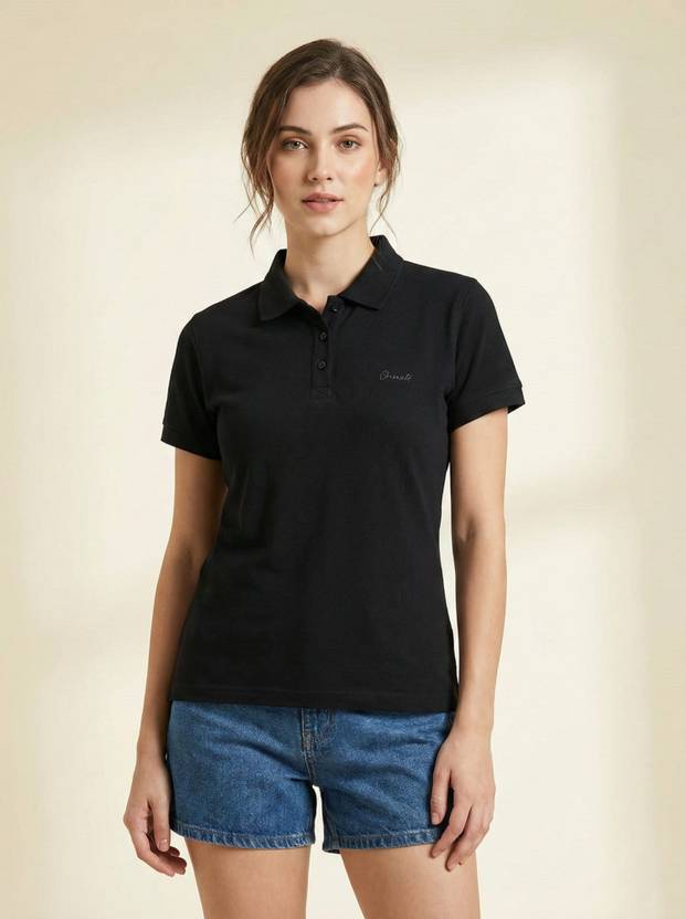 WINEBERRY Women Solid Polo Neck Cotton Blend Black T-Shirt