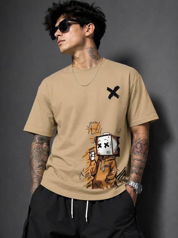 BNT Geometric Print Men Round Neck Brown T-Shirt