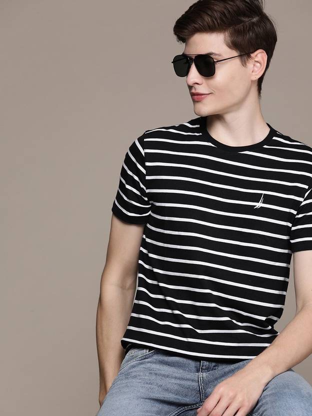 NAUTICA Striped Men Round Neck Black T-Shirt