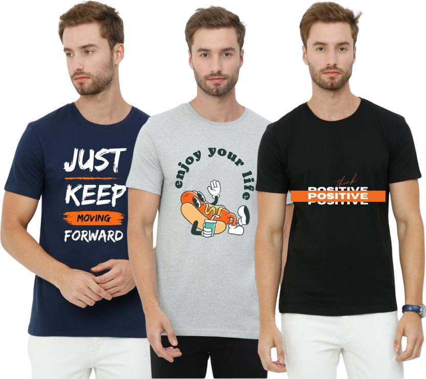 ECOLINE Clothing Pack of 3 Men Printed Round Neck Cotton Blend Multicolor T-Shirt